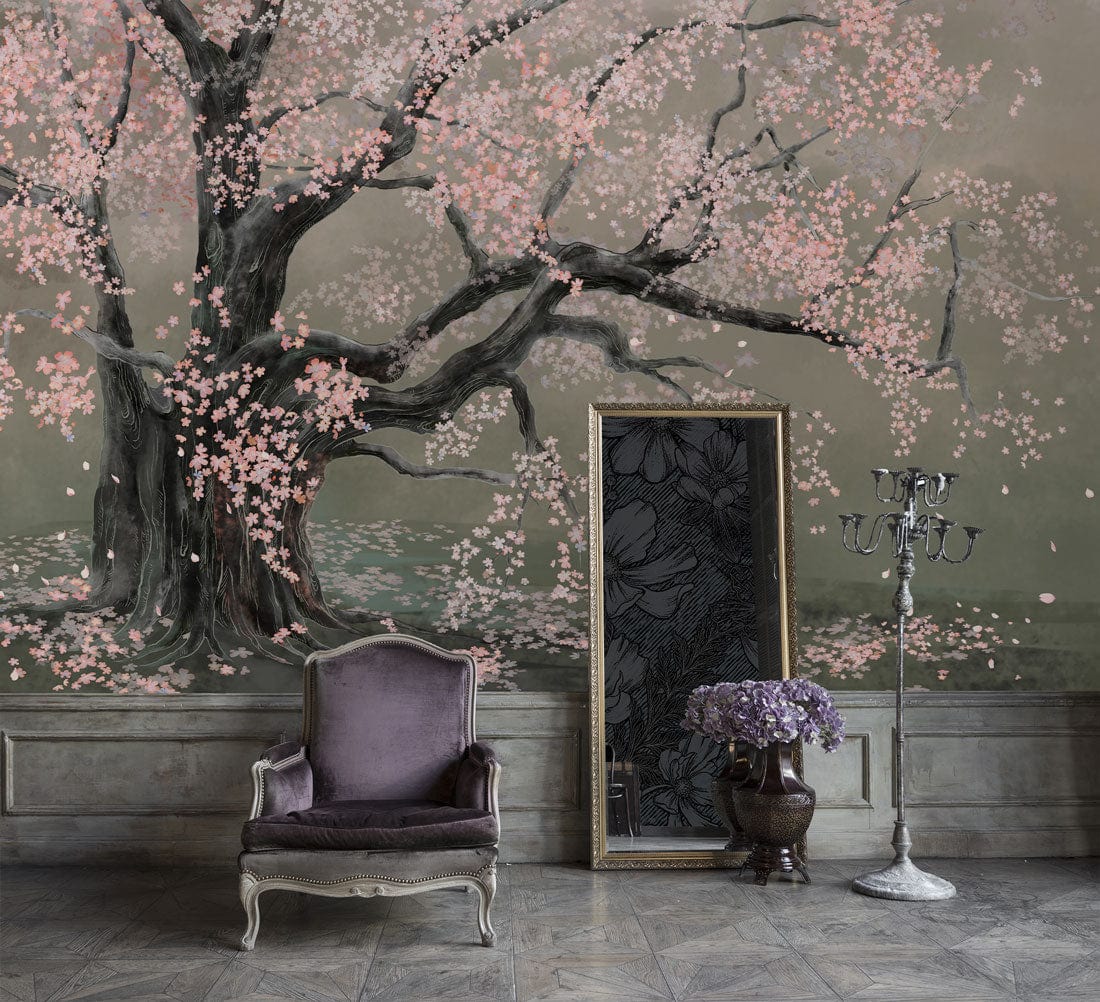 Elegant Cherry Blossom Tree Mural Wallpaper in Serene Pastel Shades
