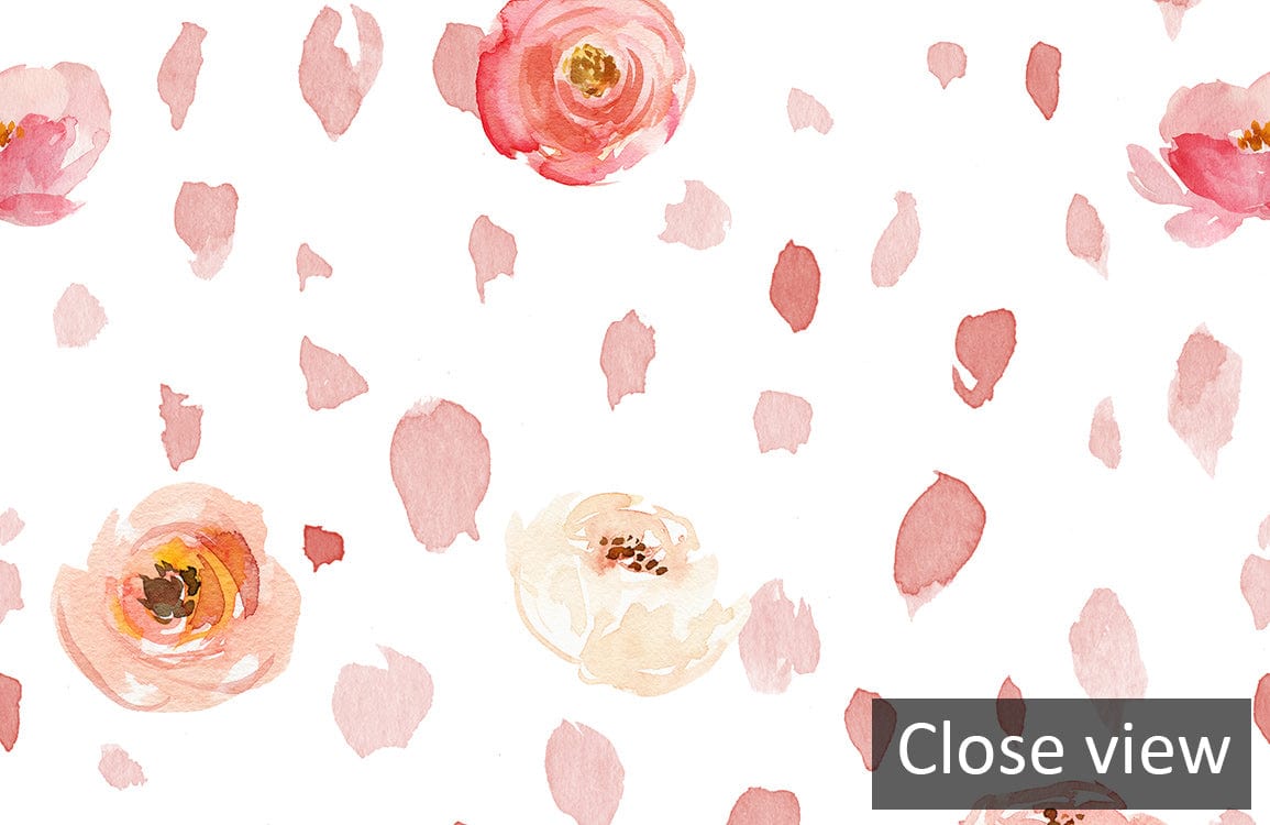 Delicate pink rose watercolour floral wallpaper, modern interiors, close-up pattern, elegant design.