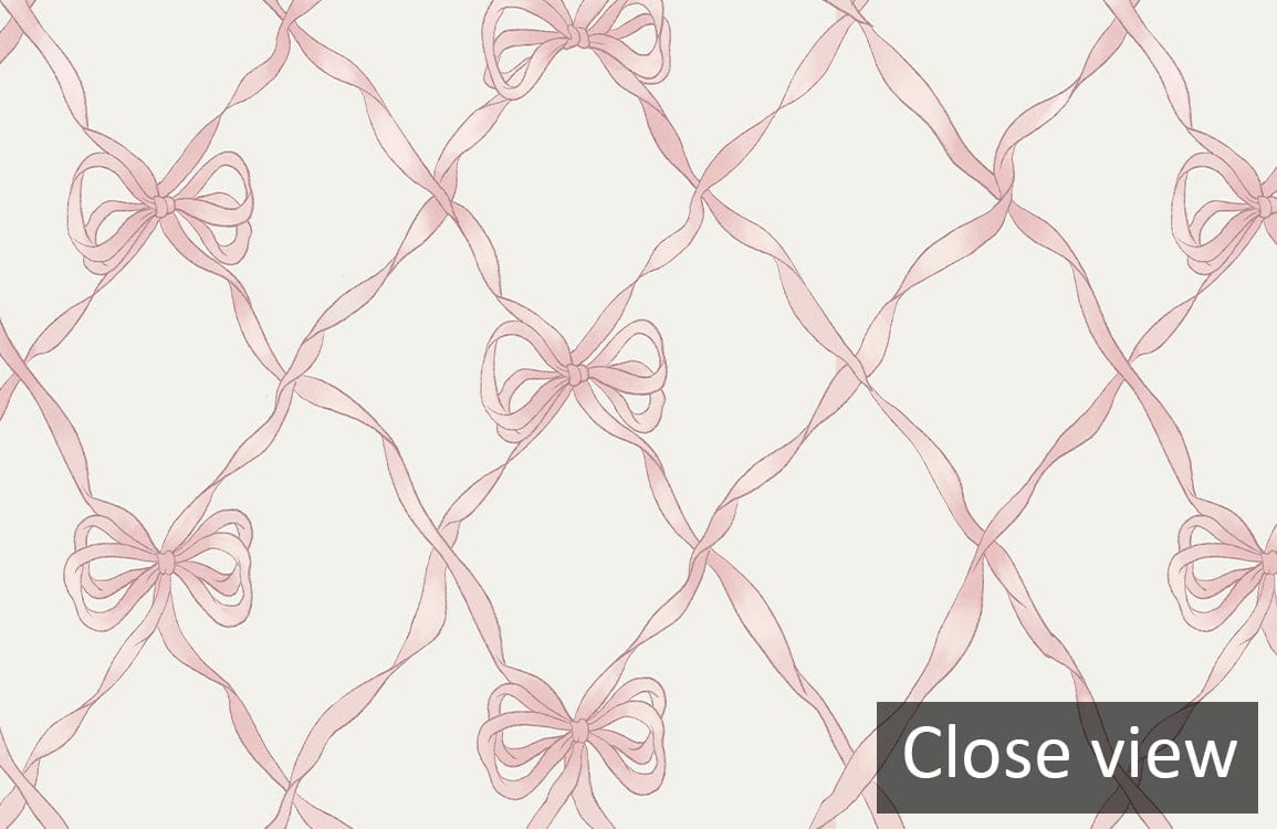 Elegant Pink Bow Pattern Wallpaper, Classic British Style; detailed view, elegant design dimensions included.