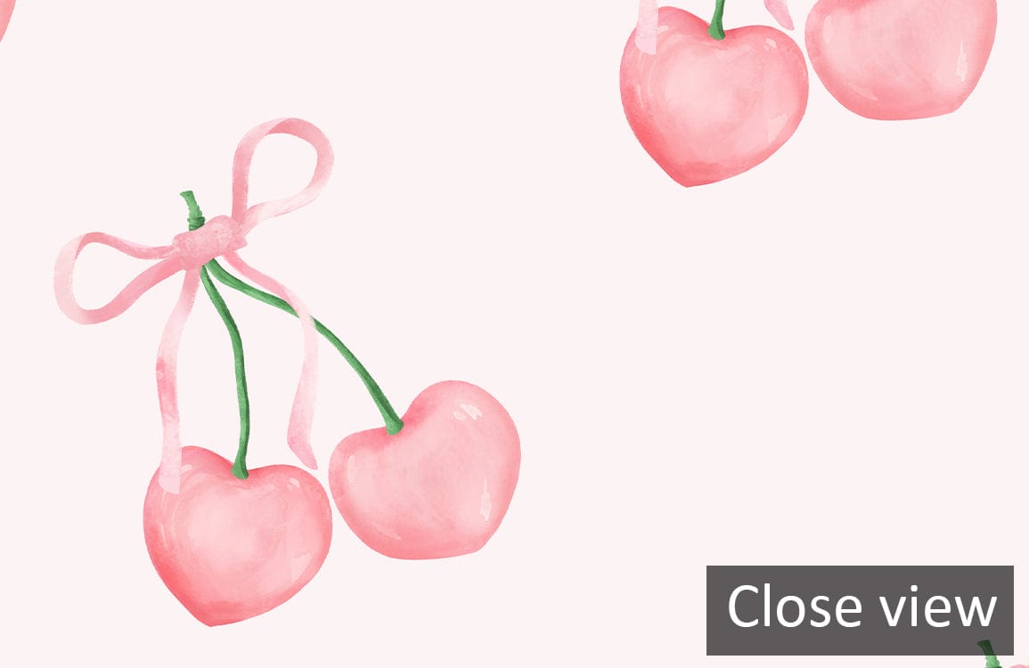 Vintage pink cherry pattern wallpaper for playful retro interior design, close-up view, heart-shaped cherries.