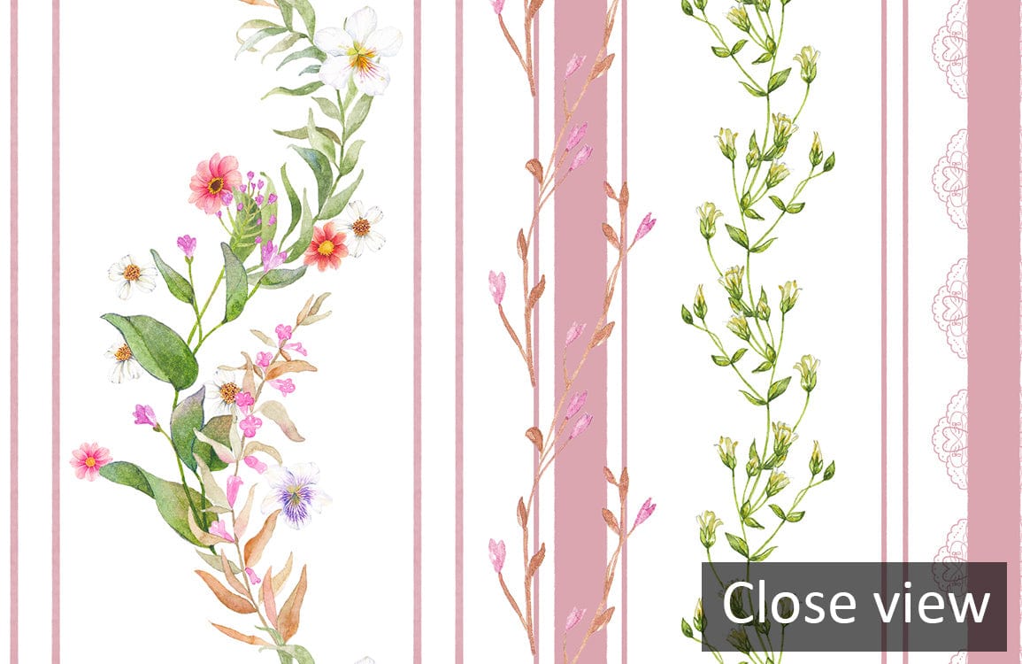 Elegant floral striped wallpaper in pastel pink for vintage interiors; close view of intricate design.
