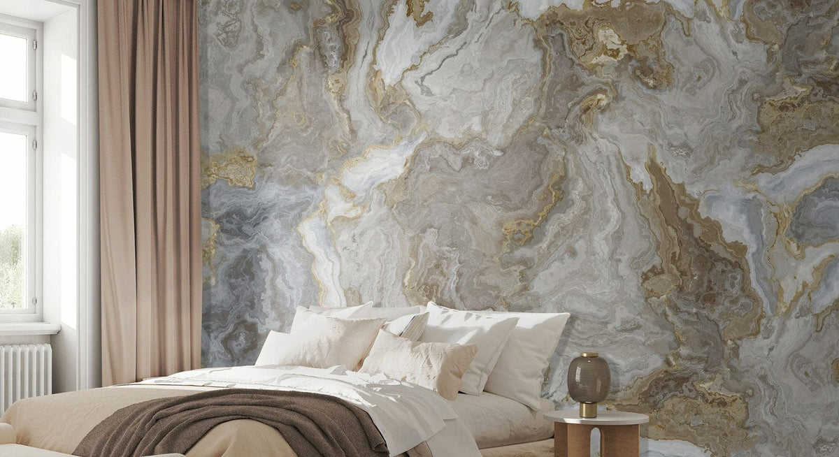 Marble Elegance wallpaper in bedroom with beige curtains, neutral bedding, and a wooden bedside table.