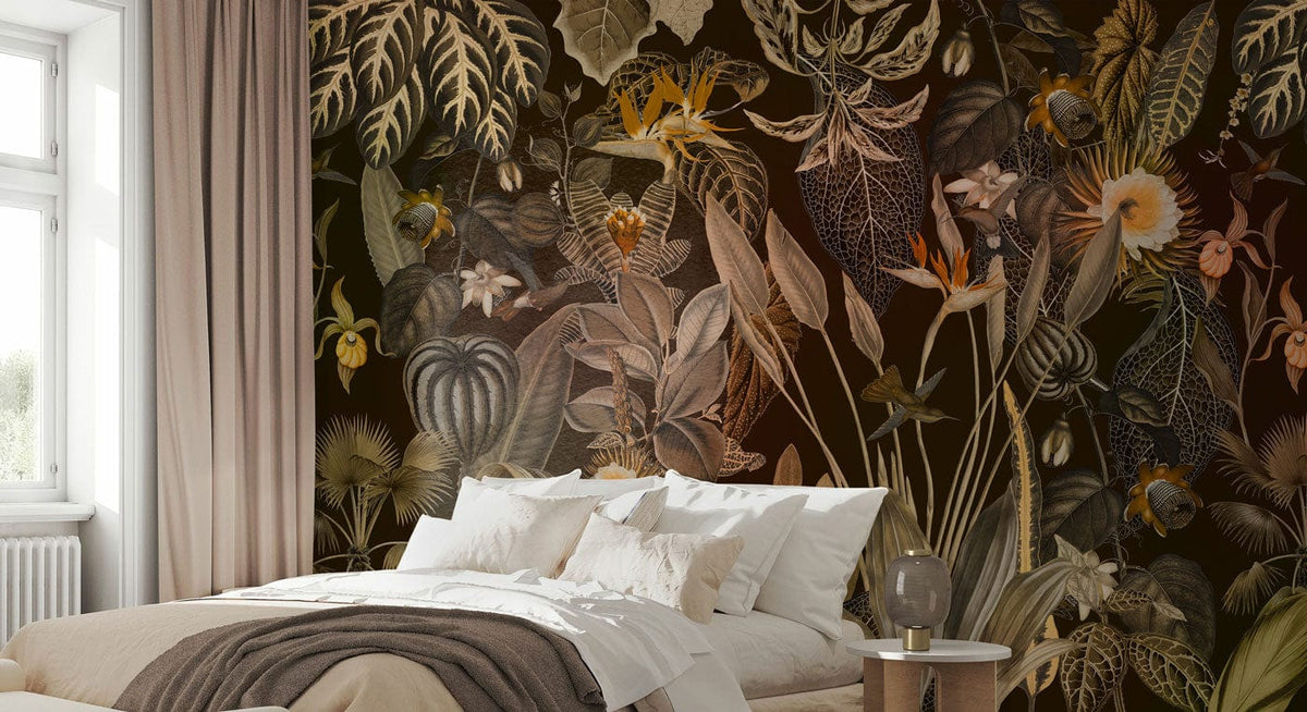 Vintage botanical dark floral wallpaper in bedroom with neutral bed linen and minimalistic side table.