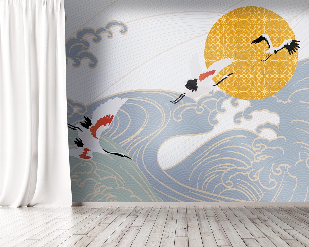 Elegant Crane and Wave Mural Wallpaper in Japanese design, wooden flooring, white curtains, stylish decor.
