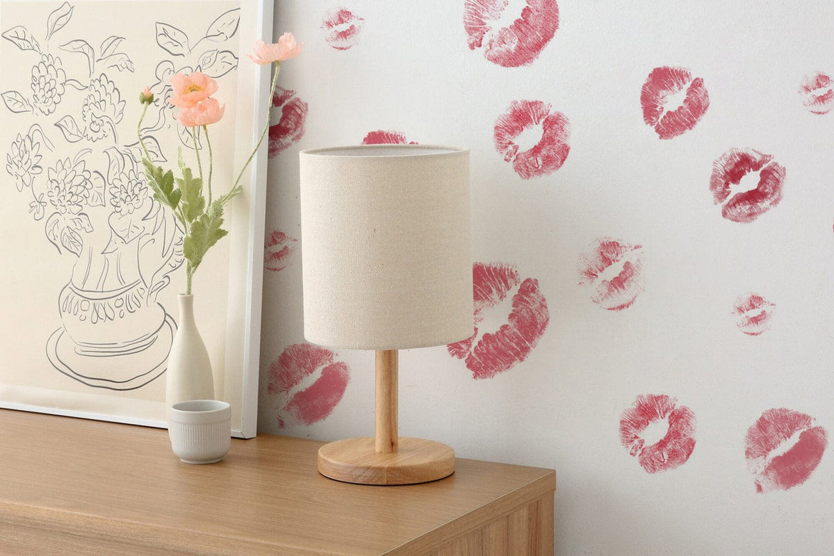 Chic Red Polka Dot Watercolour Pattern Wallpaper, stylish wood cabinet, beige lamp, artistic decor.