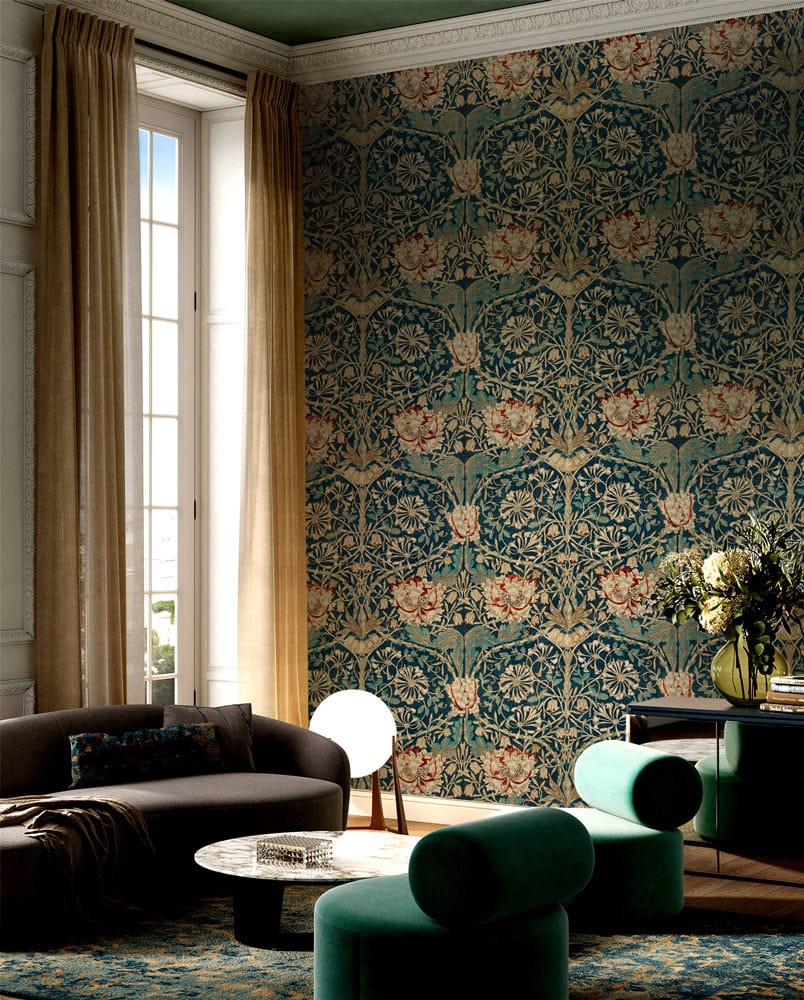 Elegant vintage floral wallpaper, teal earthy tones, living room, dark sofa, green chairs, large window.