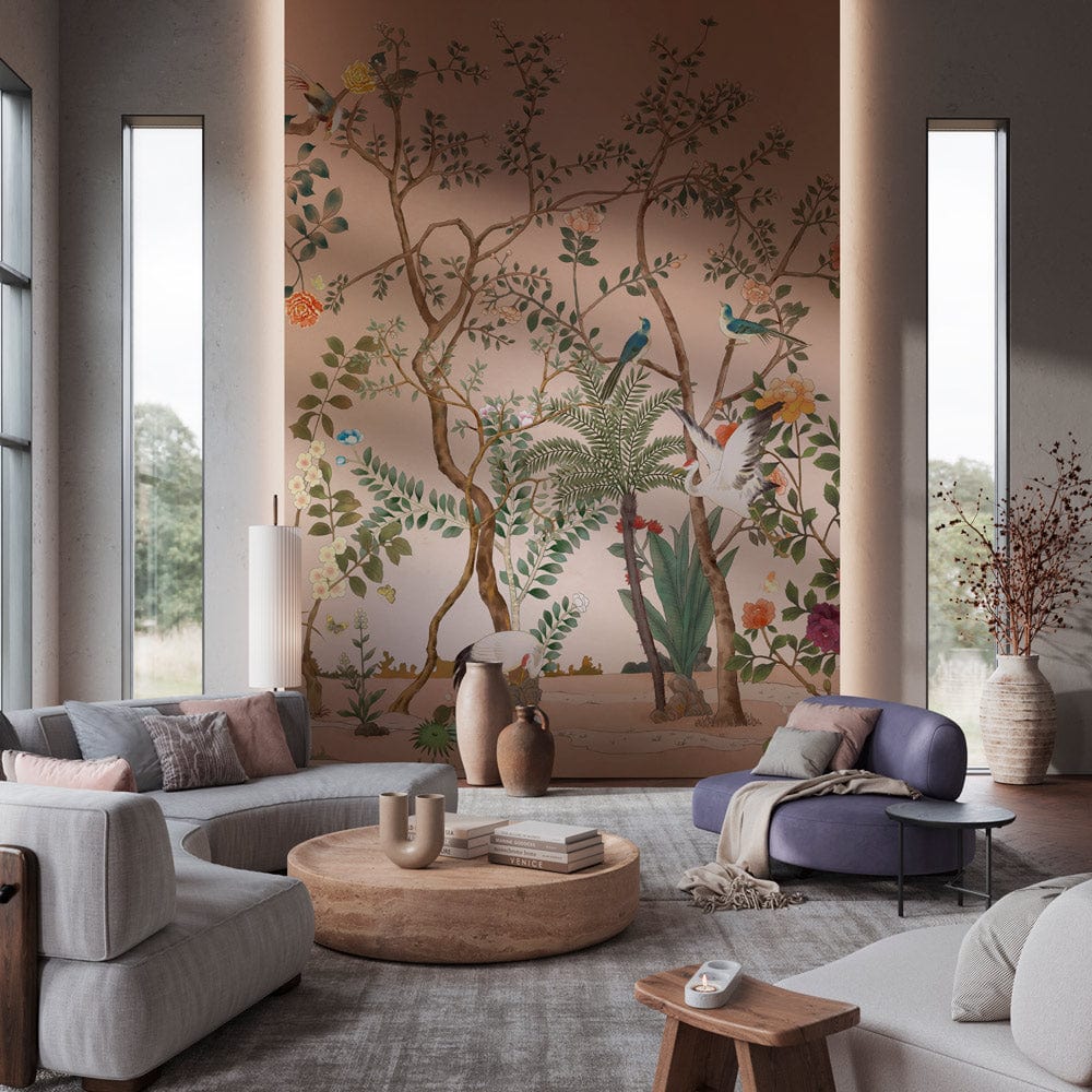 Vintage Botanical Garden Mural Wallpaper adorns lounge with grey sofas, wooden coffee table, and artistic decor.