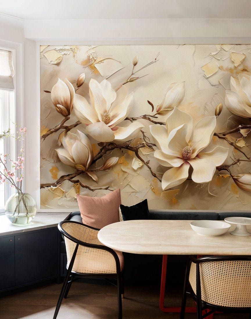 Elegant Magnolia Blossom Mural Wallpaper with Beige Sofa, Dark Flooring, Dining Area, Stylish Cane Chairs.
