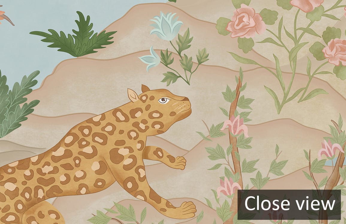 Exotic Jungle Safari Mural Wallpaper in Pastel Tones featuring leopard and botanical patterns, close-up view.