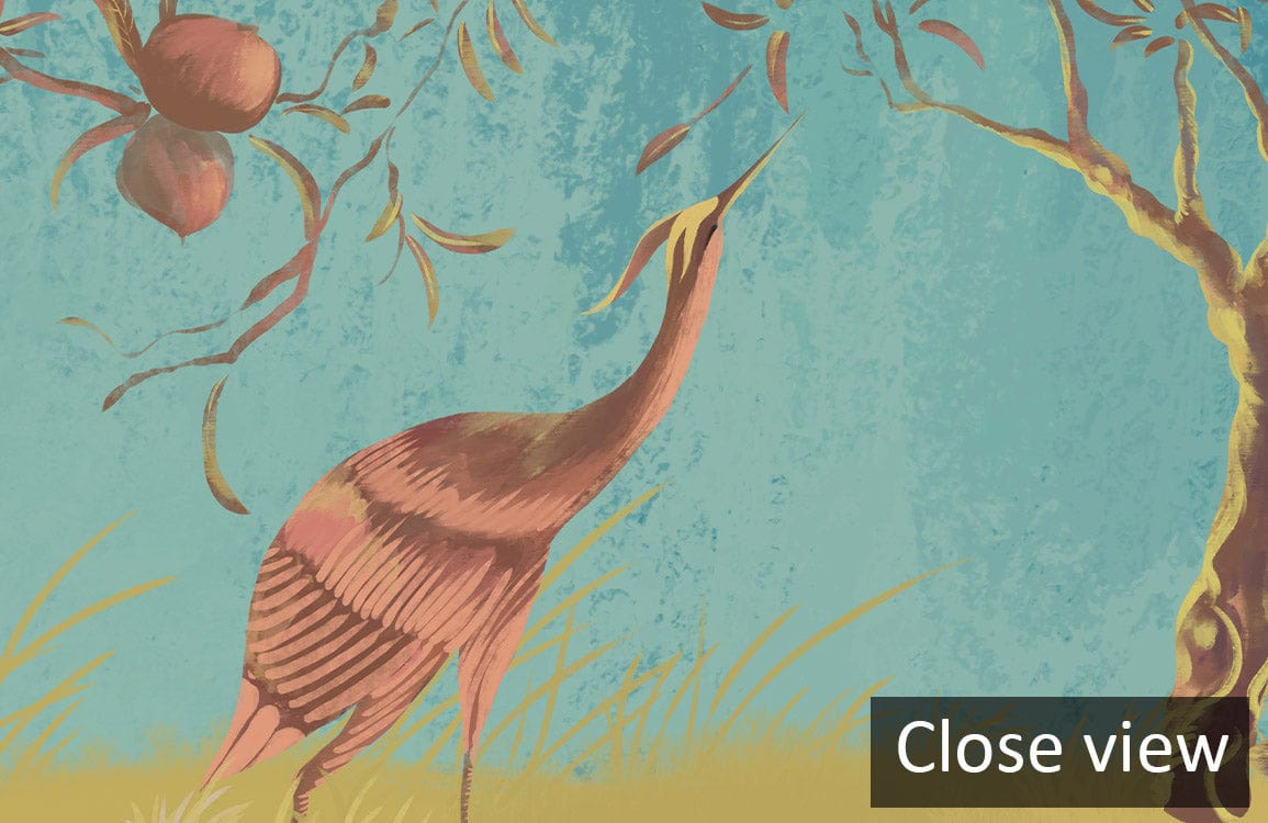 Elegant teal Chinoiserie wallpaper, golden flora, bird motif, close-up view, artistic wall design.