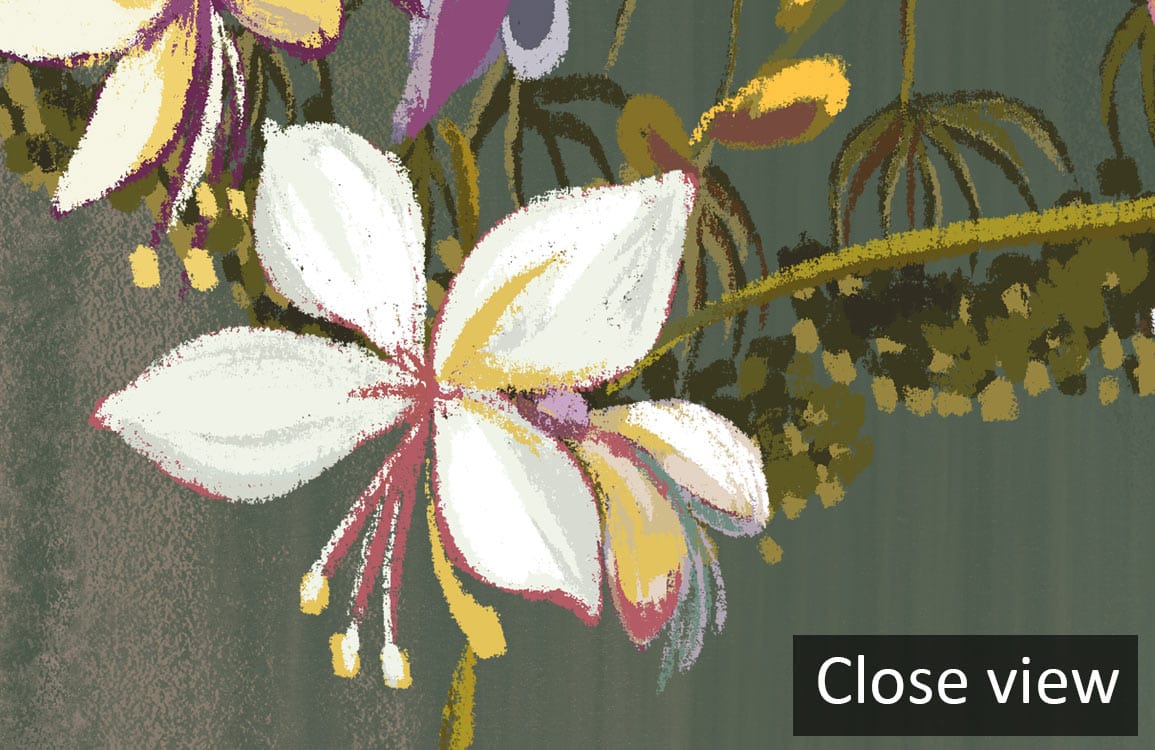 Elegant botanical wallpaper in earthy tones, featuring autumnal design with floral details, close-up view.
