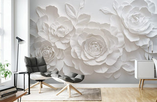 Ivory Paper Rose Relief Mural Wallpaper