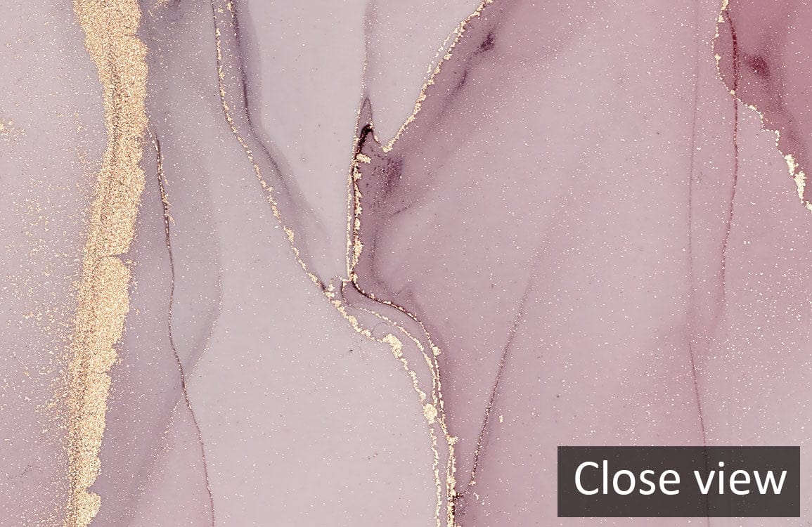 Elegant pink and gold marble effect mural wallpaper detail, ideal for modern interiors. Close view.