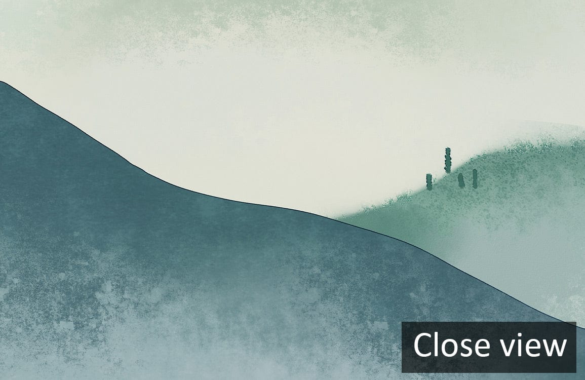 Misty Mountain Serenity Green Watercolour Landscape mural, elegant and calming wallpaper design, close-up view.
