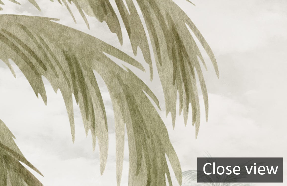 Close view of Tropical Watercolour Mural Wallpaper in Soft Greens and Earthy Tones with palm leaves.