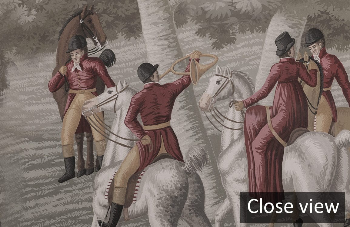 Vintage sepia-toned scenic landscape wallpaper mural with historical scene, close view with horse riders.