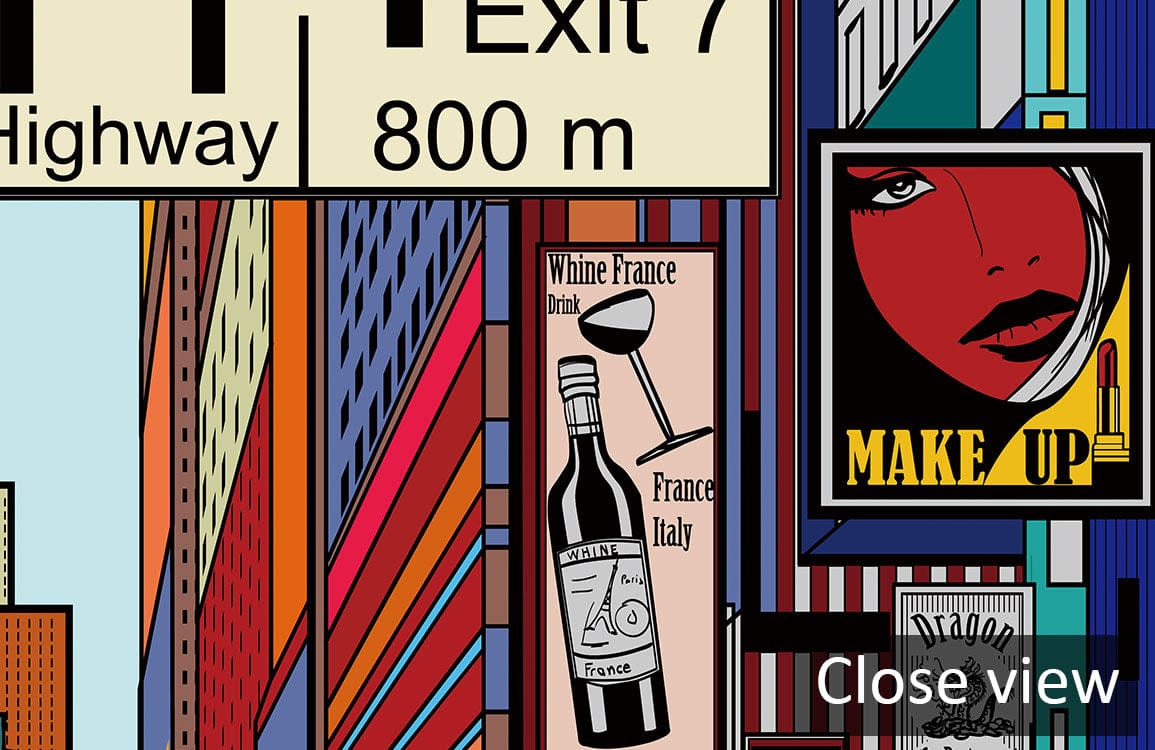 Close-up of vibrant urban comic cityscape mural, highlighting multicoloured modern design, highway sign.