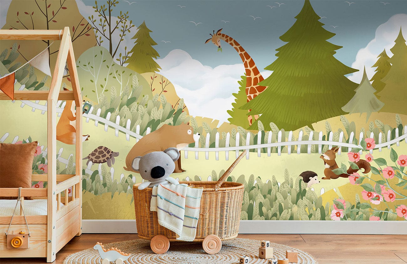 Whimsical Woodland Animals Mural Wallpaper with giraffe, bear; nursery room, wooden bed, woven basket, rug.