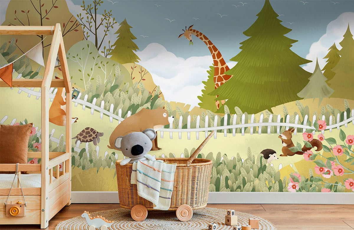 Whimsical Woodland Animals Mural Wallpaper with giraffe, bear; nursery room, wooden bed, woven basket, rug.