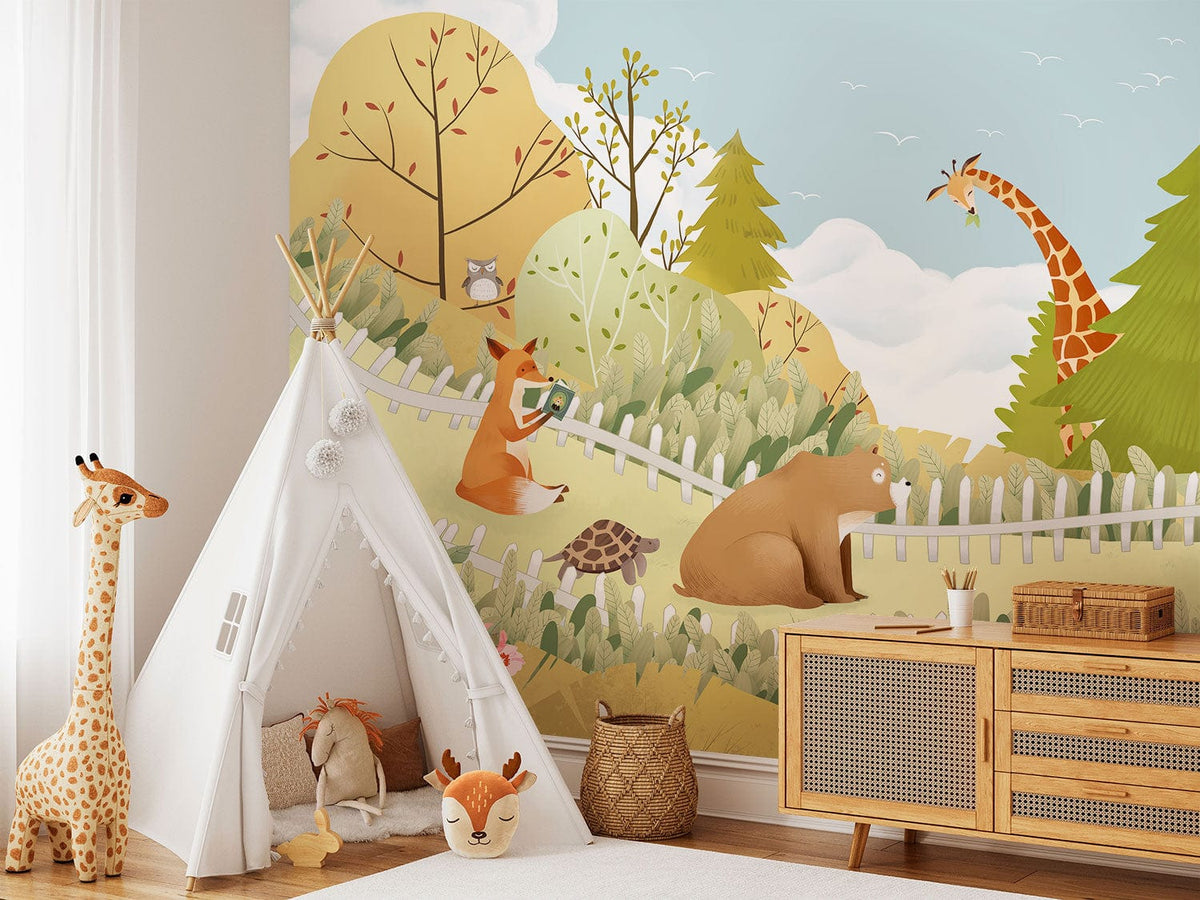 Whimsical Woodland Animals Mural Wallpaper featuring giraffe and bear in nursery room with play tent.