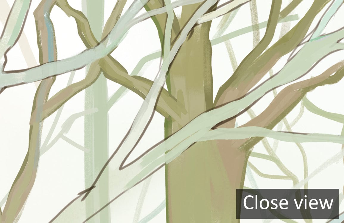 Serene Misty Forest Wallpaper Mural - Close-up of tranquil green and grey forest design.