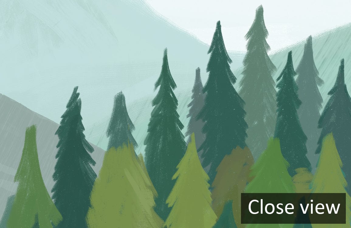 Tranquil Evergreen Forest Landscape Mural Wallpaper showcasing soothing green tones and serene forest imagery.