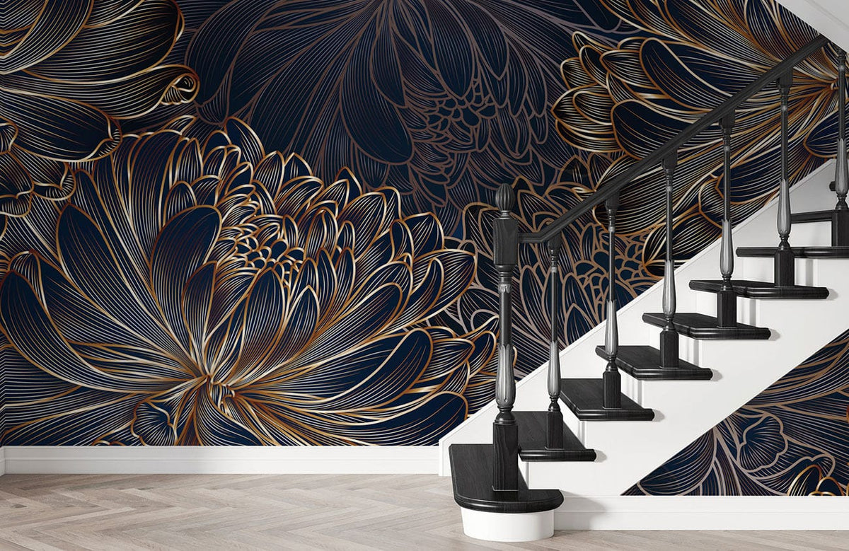 Elegant dark floral wallpaper with gold accents alongside modern staircase in contemporary room setting.