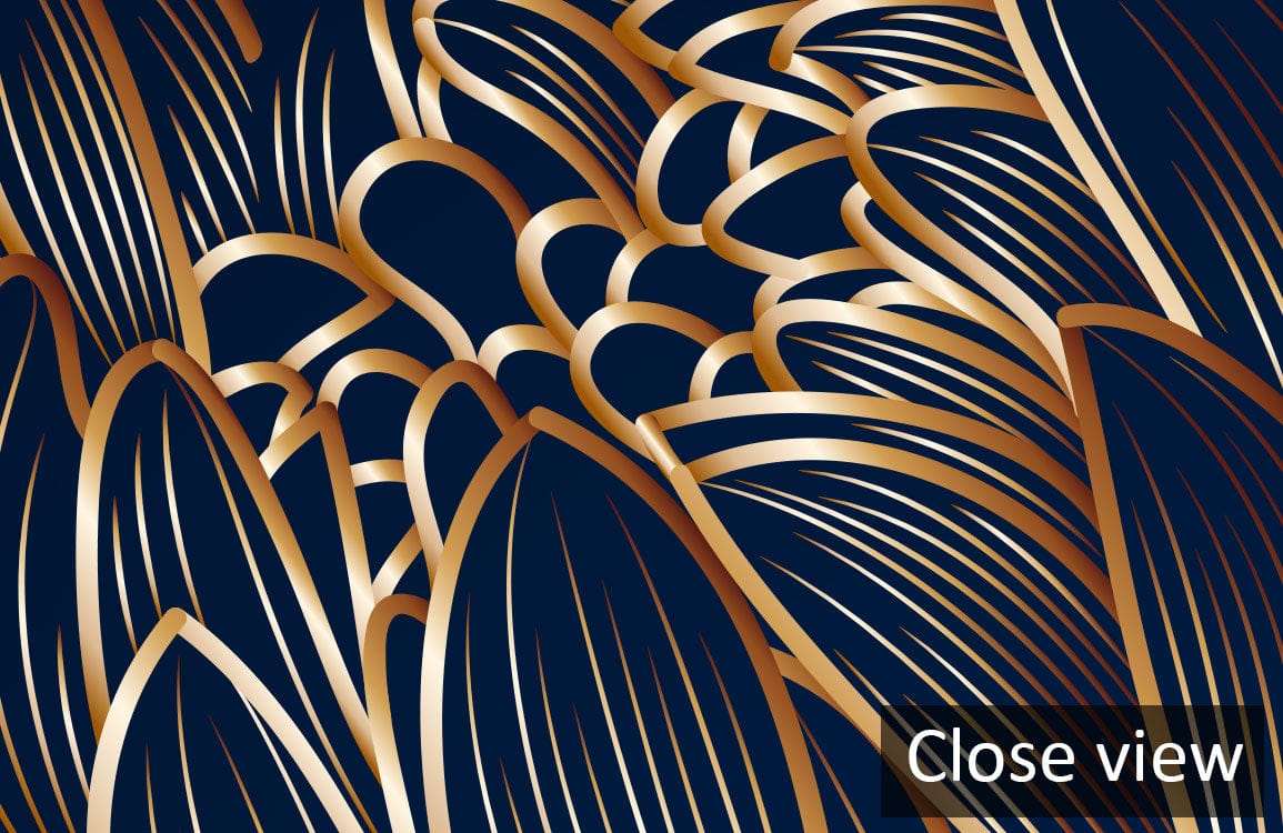 Elegant dark floral wallpaper with gold accents, close-up view, luxurious modern design pattern.