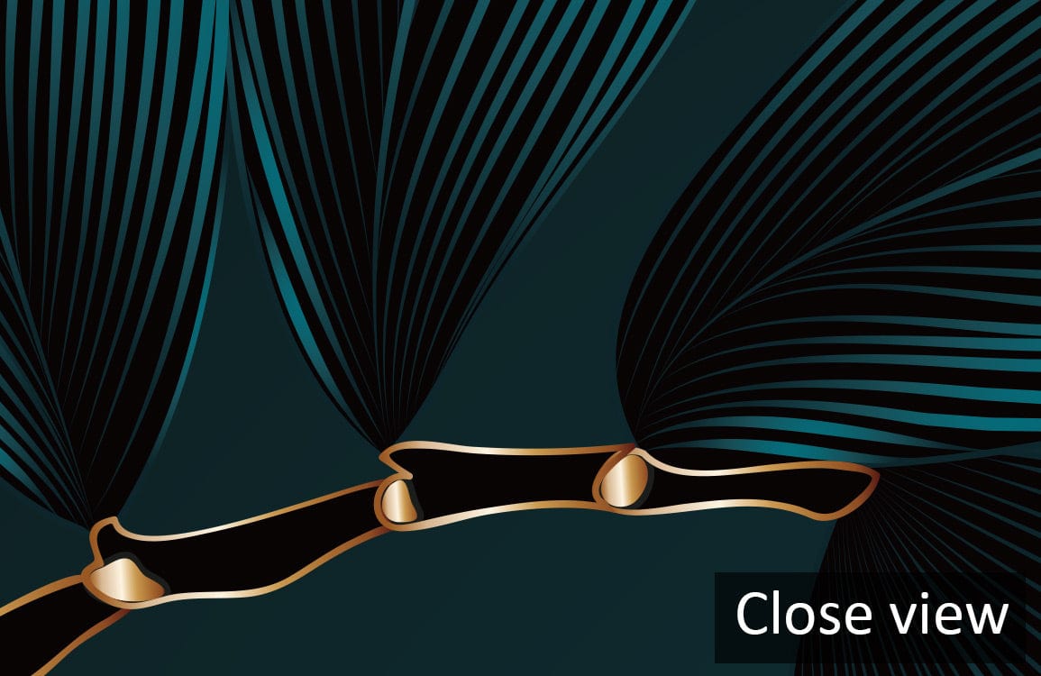 Luxurious teal botanical mural wallpaper with gold accents in sophisticated, elegant design - close-up view.