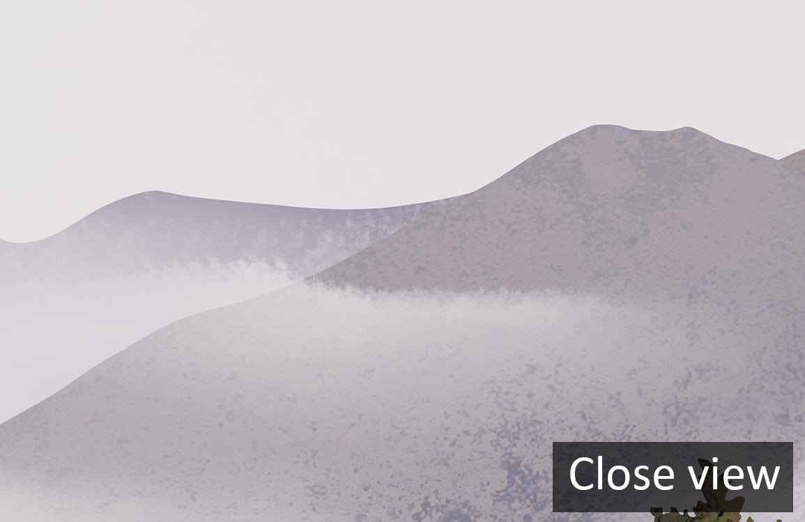 Serene mountain landscape mural, neutral tones, close-up view, perfect for living room feature wall.