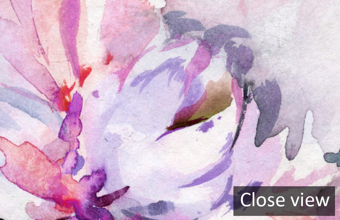 Close-up of Elegant Watercolour Floral Mural Wallpaper, soft lavender and pink hues, artistic floral design.