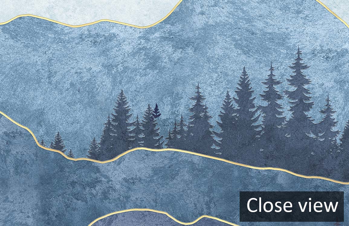 Tranquil Blue Mountain Landscape Mural Wallpaper with Golden Sky Accents, forest scene, close view.