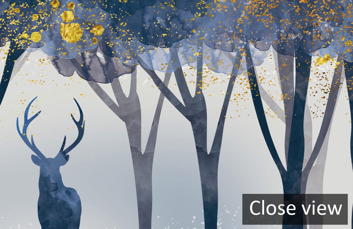 Elegant Blue and Gold Deer Mural Wallpaper in Forest Design, Ideal for Living Room Decor.