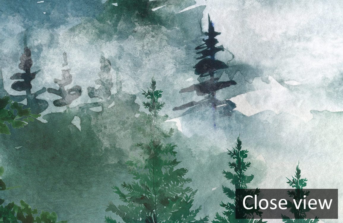 Mystical Misty Mountain watercolour mural wallpaper featuring serene green hues and textured forest design.