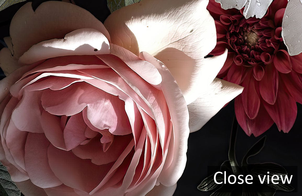 Close view of Elegant Dark Floral Blooms Mural Wallpaper showcasing vintage floral details on black.