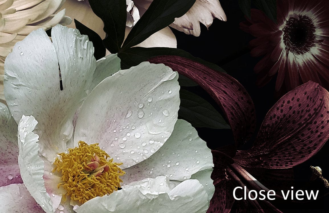 Close-up of Elegant Dark Floral Bloom Mural Wallpaper, showcasing detailed botanical artistry and rich textures.