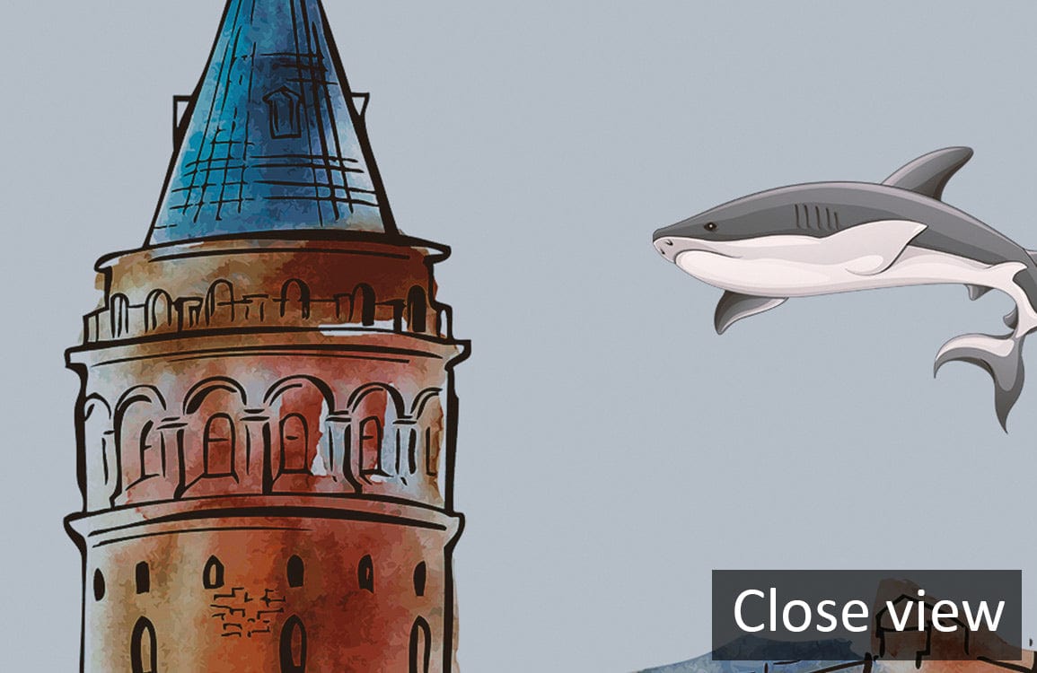 Close view of Whimsical World Map Mural, featuring landmarks and a shark illustration on light background.