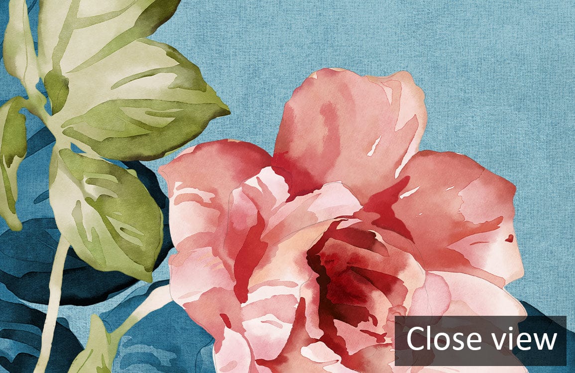 Close-up of Floral Bliss mural wallpaper featuring sky blue and pink rose vintage design, vibrant detail.