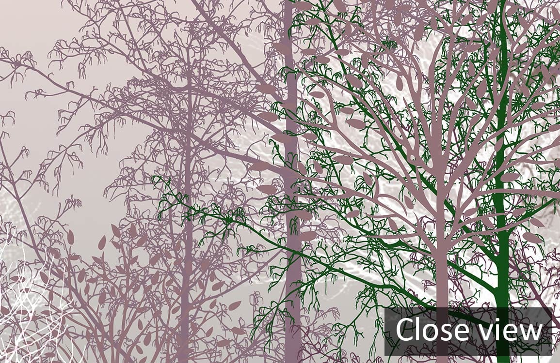Tranquil Woodland Dreams mural wallpaper, serene nature landscape design with tree silhouettes and soft hues.