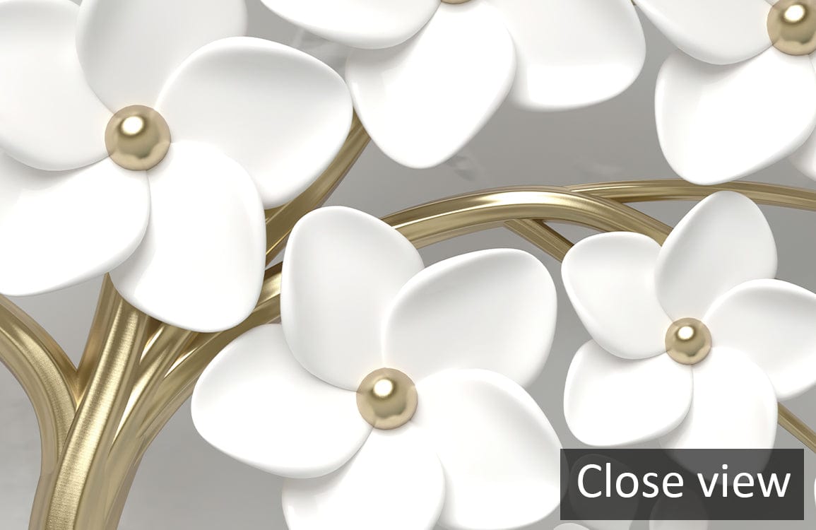 Close-up of elegant white floral tree mural with gold accents, modern decor design.