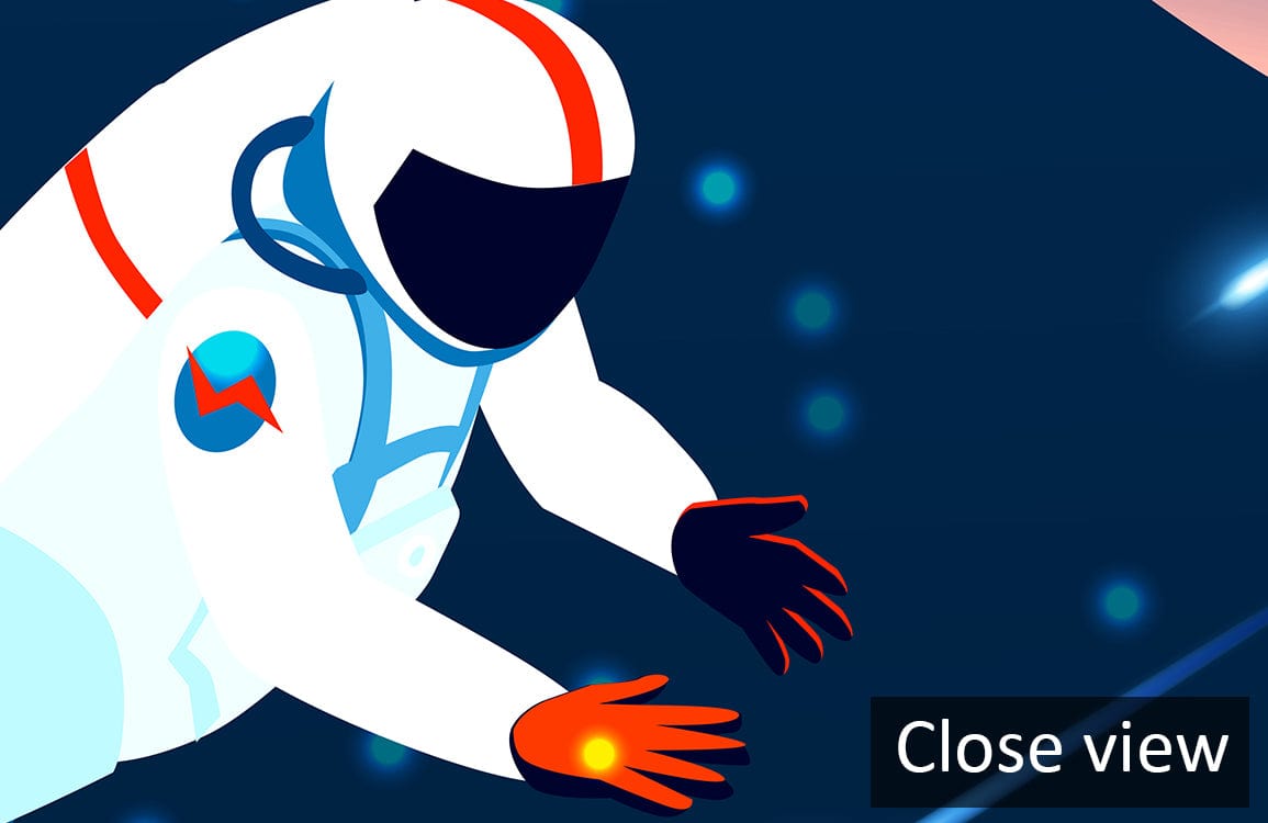 Close-up of blue astronaut design on Vibrant Space Adventure Mural Wallpaper with glowing stars.