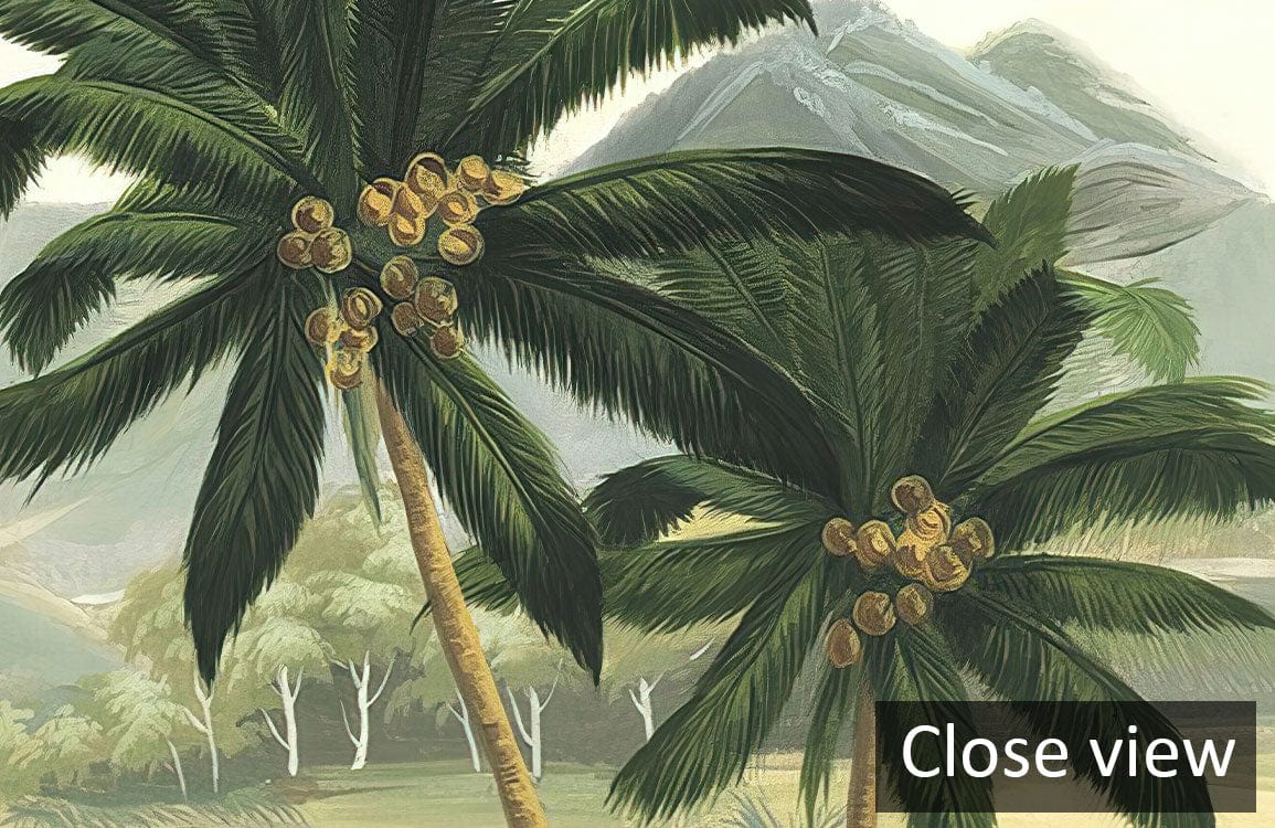 Tranquil mountain landscape mural wallpaper, lush greenery, palm trees, forest scene; close-up view.