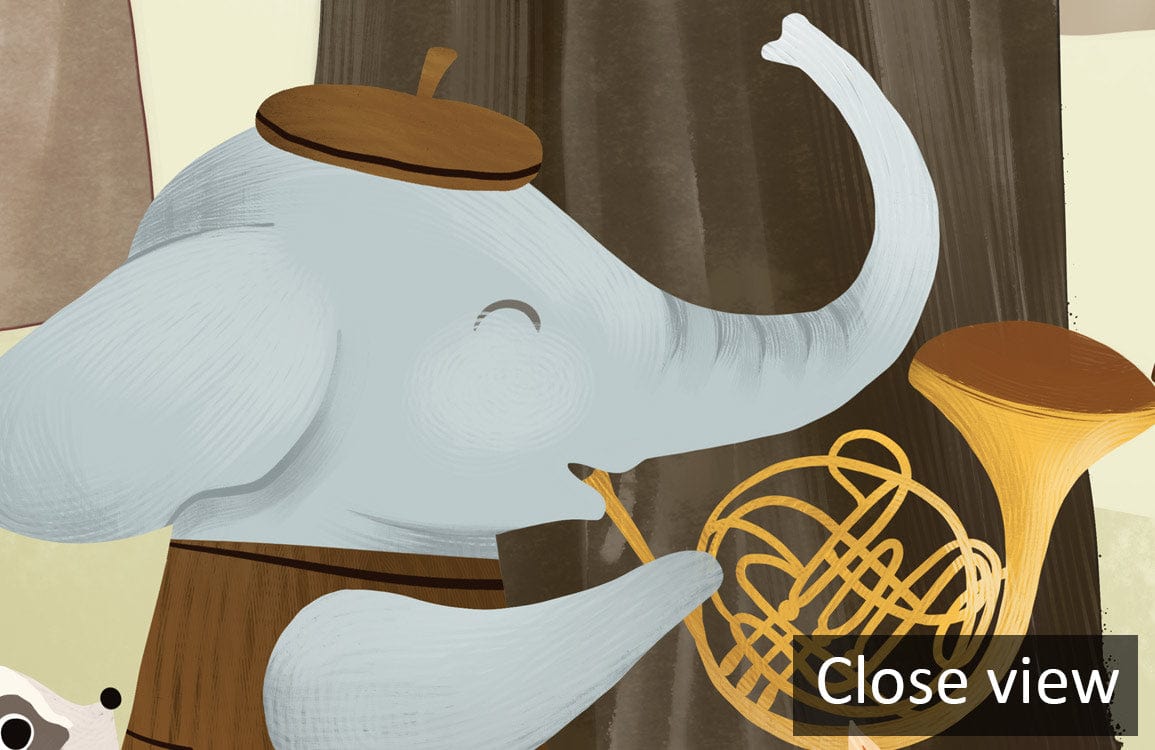 Close-up of whimsical woodland animal orchestra mural wallpaper featuring elephant playing horn in forest scene.