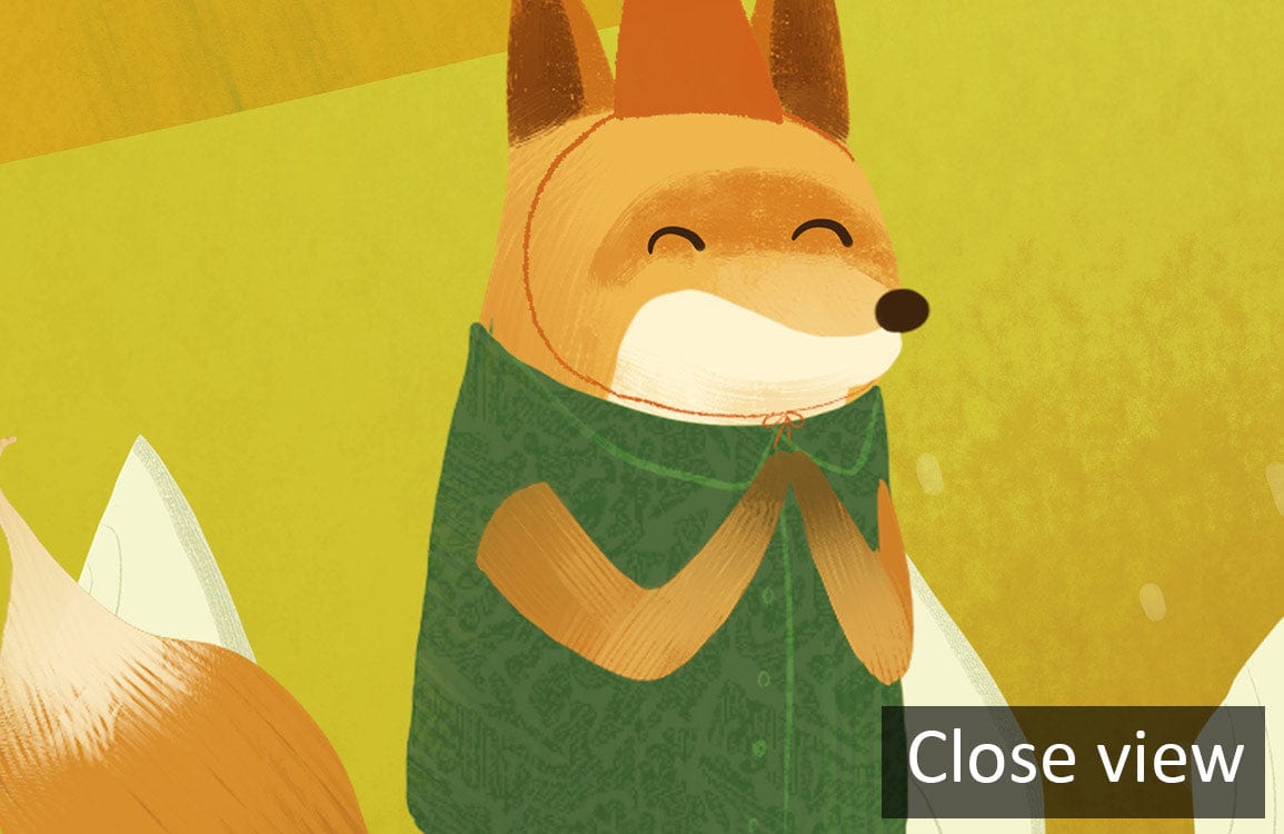 Close-up of Storybook Woodland Animals Mural Wallpaper showcasing an autumn-themed fox design with green background.