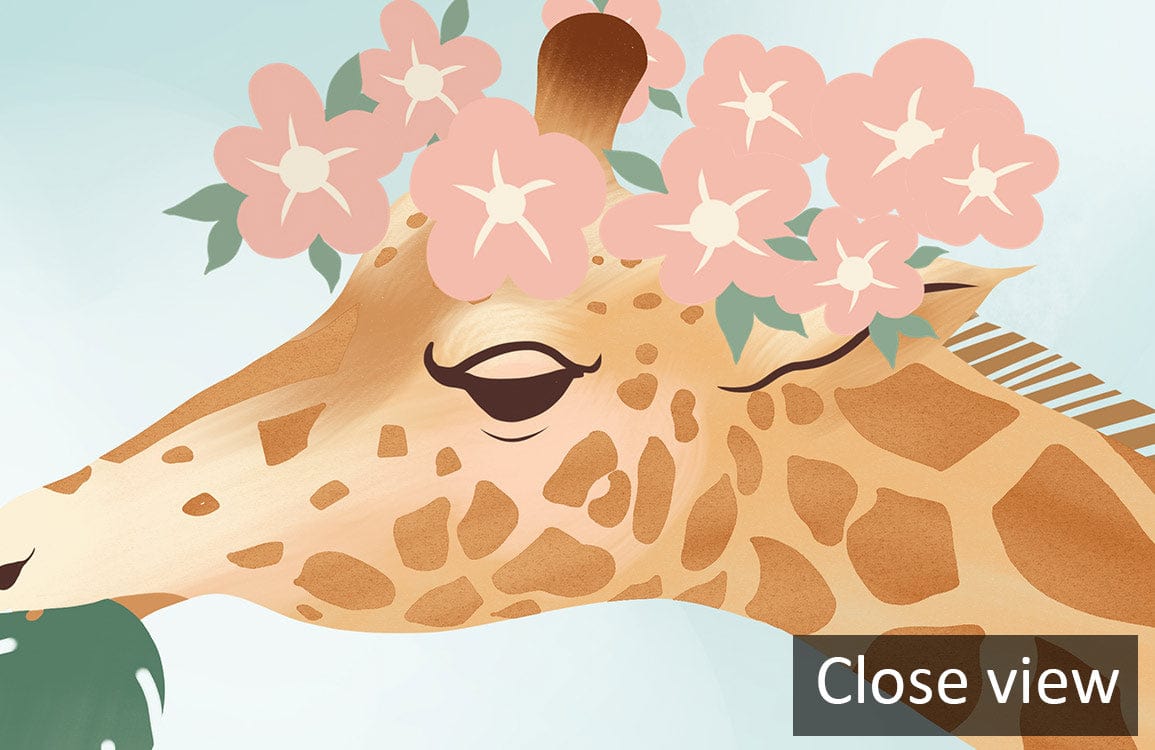 Whimsical Giraffe and Hot Air Balloons mural wallpaper, pastel theme, close-up view with floral details.