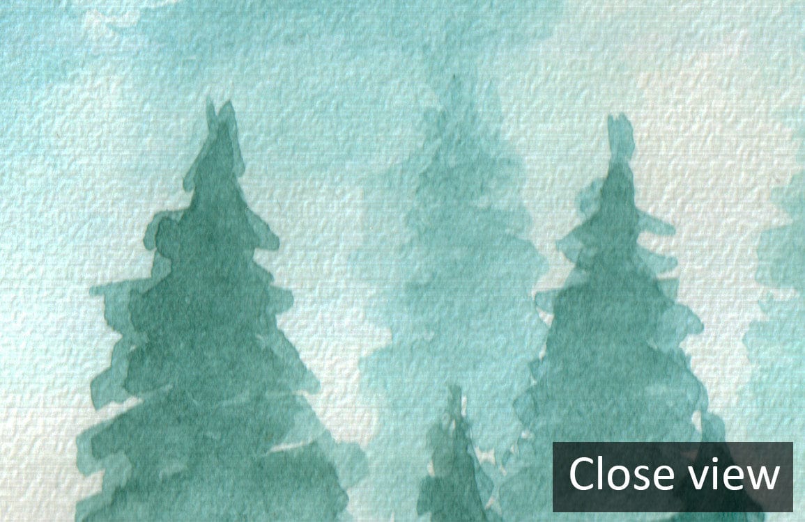 Close-up of Misty Forest Green Watercolour Mural Wallpaper, serene landscape design for tranquil interiors.
