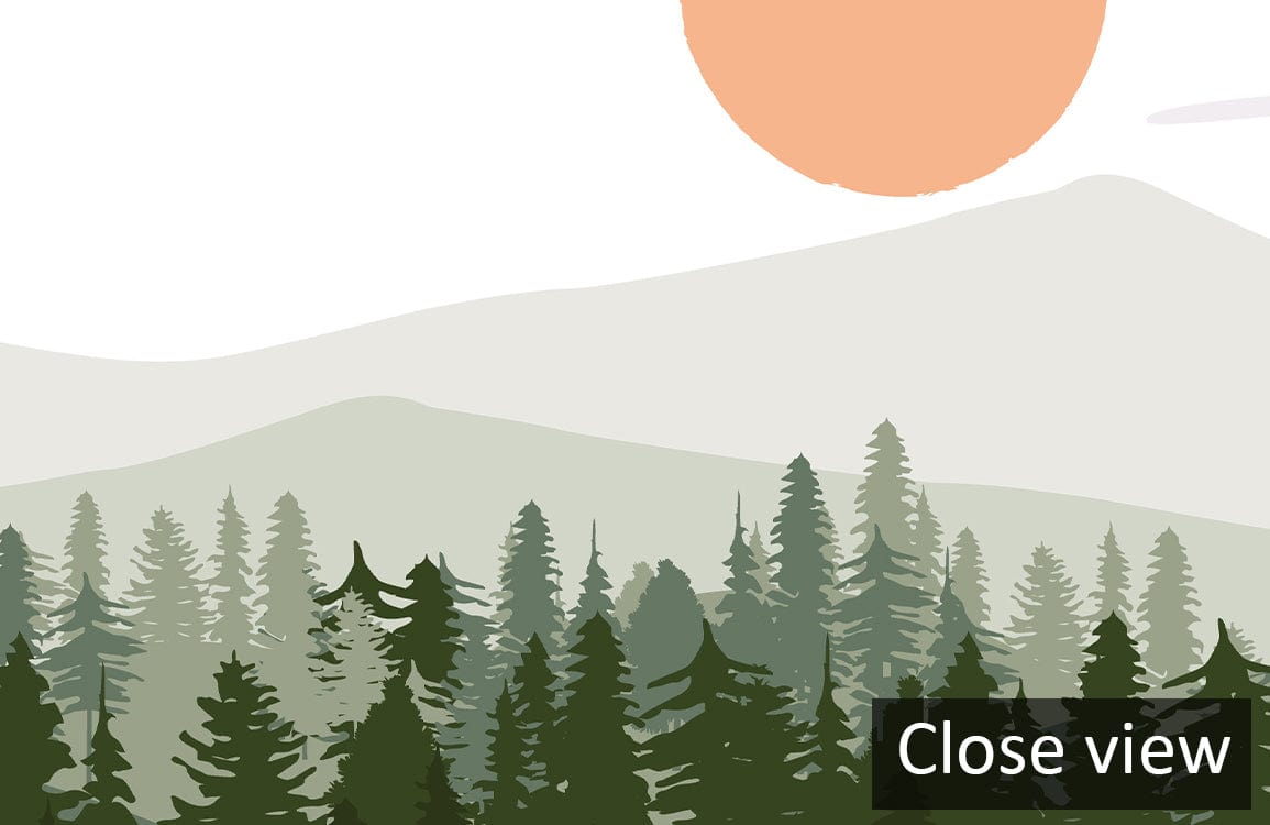 Close view of Scenic Forest Landscape Mural Wallpaper featuring sun and mountains, dimension description unavailable.