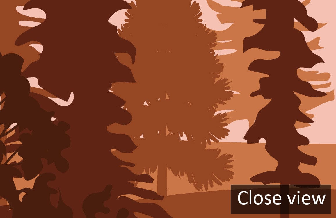 Close-up of Rustic Autumn Forest Landscape Mural Wallpaper featuring mooses and mountains, warm autumn colours.