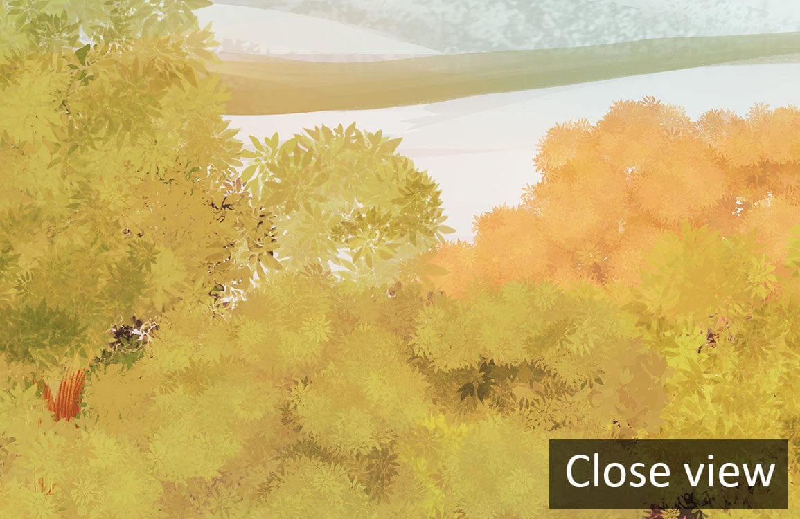 Close-up of Serene Mountain Forest Landscape Mural Wallpaper: Green, Earth Tones. No additional decor visible.