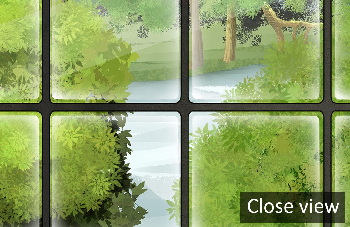 Close-up view of vibrant green scenic forest mural wallpaper, featuring lush foliage and river elements.